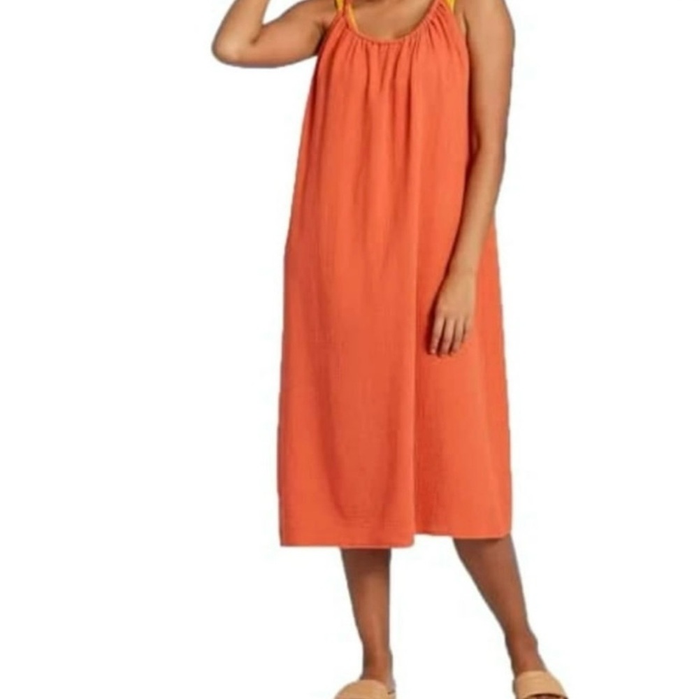 Kona Sol Burnt Orange Gauzy Flowy Tied Back Midi Dress Beach Coverup s/m